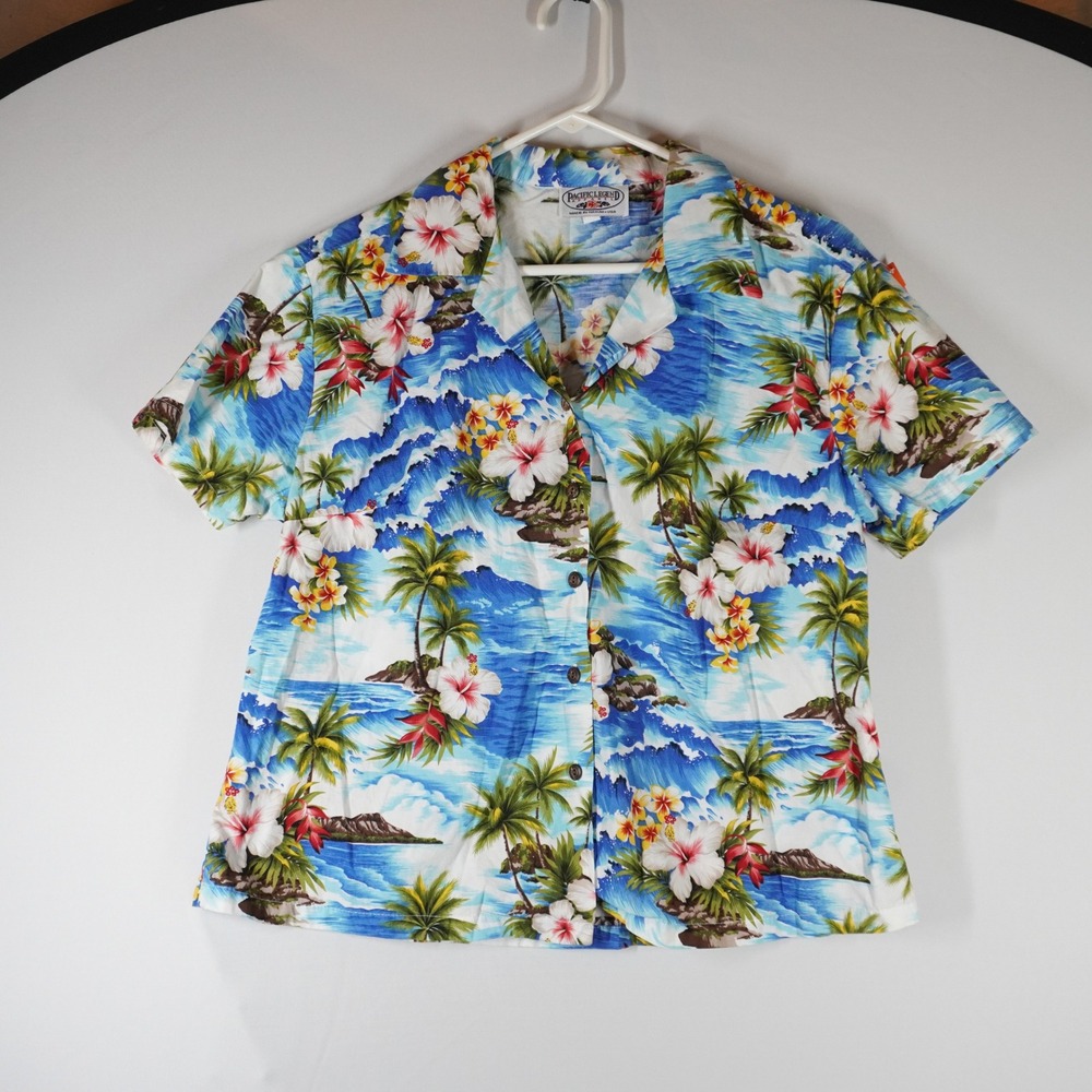 VTG Pacific Legend Hawaiian Shirt Women Large Blue Tropical Hibiscus Beach‎ Top